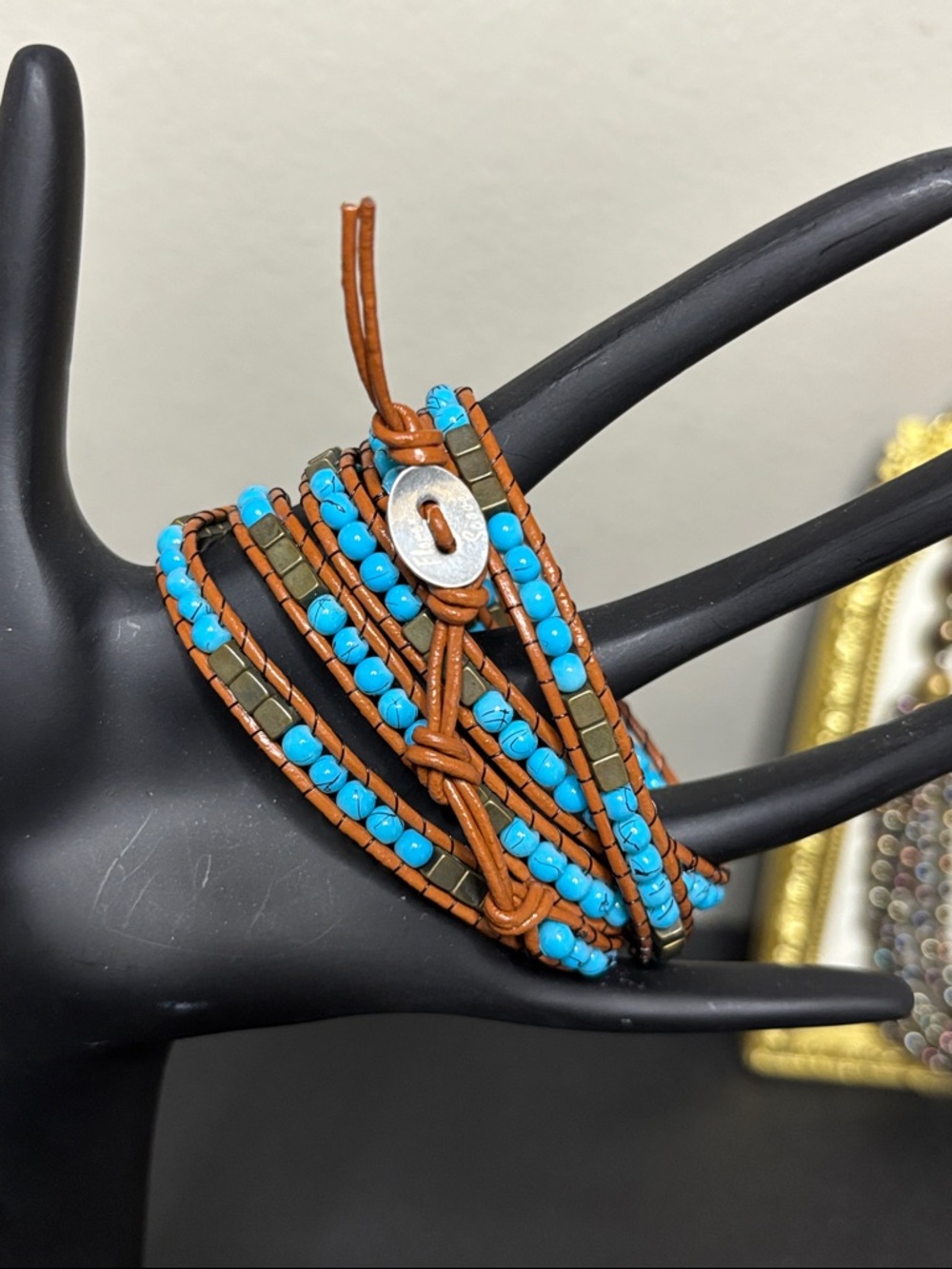 Florence Scovel Turquoise Bead Wrap Bracelet with Brown Leather Boho Festival